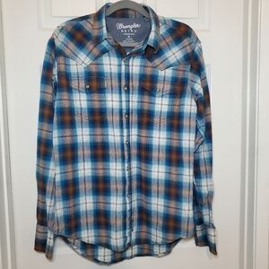 Wrangler Men's Teal Plaid Retro Long Sleeve Western Snap Shirt M